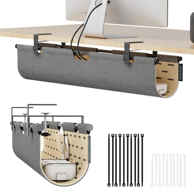 No Drill Under Desk Cable Management Tray, Clamp/Screw Mount Wire Management with Privacy Panel for Standing Desk & Home Office