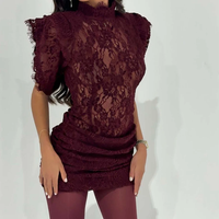 Robe de soirée décontractée sans manches drapée pour femme, mini-robe élégante unie à col semi-montant avec broderie en dentelle et maille