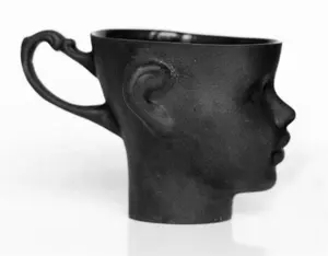 Customized 3D embossed ceramic human head mug porcelain doll head mugs artistic ceramic cup unique handle in black