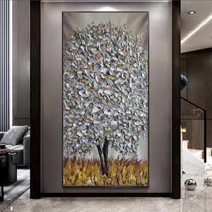 Tableau mural abstrait grand format, style européen, fait main et peint à la main, en acrylique sur toile, avec motif floral d'<span class=keywords><strong>arbre</strong></span> argenté, technique 3D à la spatule épaisse, entièrement peint. - Product Image 1