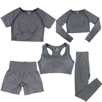 Ensemble de sport OEM 5 pièces Fiess : Leggings taille haute sans couture, short cycliste, brassière de sport et haut court élastique