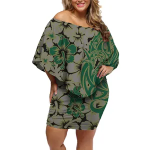 Custom Hawaiian Tribal Polynesian Dress With Hibiscus Flower Printed Clubbing Plus Size Dresses Off Shoulder Bodycon Frill Dress