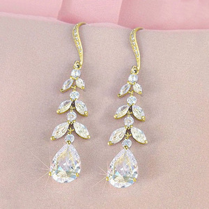 Orecchini Pendenti a Goccia con Zirconi e Foglie, Eleganti Gioielli da Sposa per Donne - Product Image 4