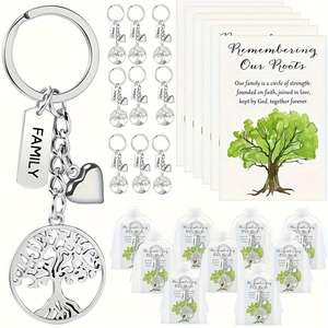 40pcs Kit de cadeaux pour la journée de la famille-Porte-clés photo numérique Arbre de vie avec cartes de bénédiction et sacs à cordon - Product Image 1