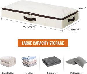 Modern <b>Rectangle</b> Fabric Clothing Organizer with Handles Foldable Stackable Under Bed Storage <b>Bin</b> 35L Capacity White Brown Trim - Product Image 2