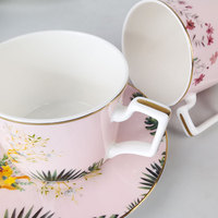 Service de Table en Porcelaine Fine à Bord Doré Motif Floral Feuille de Jungle Rose et Élan, Plusieurs Tailles, Cadeau de Mariage, Vente en Gros