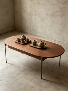 Mid-Century Modern Oval Wooden <b>Coffee</b> <b>Table</b> with Metal Legs & Hidden Drawer for Living Room - Product Image 4