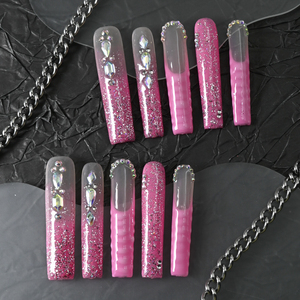 Uñas postizas de lujo de acrílico, largas, tipo ataúd, color rosa, cobertura completa, hechas a mano, con pedrería de estrellas, precio de fábrica al por mayor. - Product Image 3