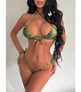 Hot Snake Skin Print Sexy Micro Thong Bikini Set Lace Up Swimwear Maiôs Para As Mulheres 2023