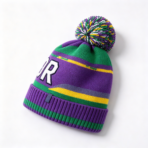 Colorful Striped <b>Pom</b> <b>Pom</b> <b>Beanie</b> Custom Jacquard Knit Acrylic Cuffed Winter Hat Embroidery Logo Unisex Adult Outdoor Wear - Product Image 5