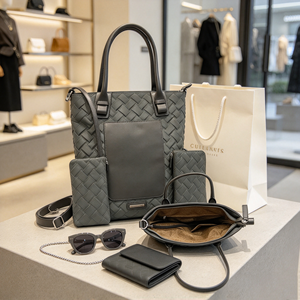 Sac fourre-tout tissé gris pour femme, grande capacité, motif tressé, sac à poignée supérieure pour le bureau et l'usage quotidien - Product Image 2