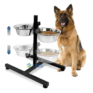 Tempat makan hewan peliharaan, tinggi dapat diatur dasar H baja tahan karat mangkuk anjing dapat dilepas tempat memberi makan