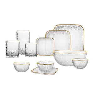 JINGHUANG GLASCHAUS, ESSGESCHMÄSCHE, TABELGESCHMÄSCHE, umweltfreundliches Luxusgeschirr-Set Glas Esstischgeschirr mit Goldrand