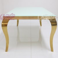 Tables et chaises de réception rectangulaires modernes de luxe en verre transparent et acier inoxydable doré, fabriquées en Chine pour événements