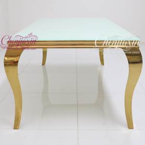 Moderno di lusso rettangolare di <span class=keywords><strong>vetro</strong></span> chiaro oro <span class=keywords><strong>in</strong></span> acciaio inox matrimonio <span class=keywords><strong>sala</strong></span> da pranzo tavoli e sedie per feste dalla cina per eventi - Product Image 3