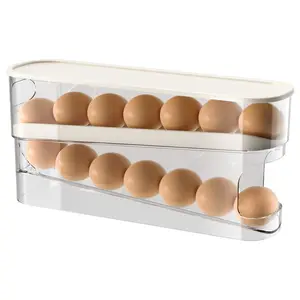2 Tier Eggs Dispenser Auto Rolling Egg Tray Storage and Organizer Space-Saving Egg Roller For Refrigerator