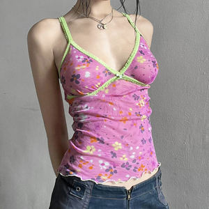 เสื้อสายเดี่ยวตาข่ายพิมพ์ลายดอกไม้สำหรับผู้หญิง แต่งขอบลูกไม้ สายสปาเก็ตตี้ ทรงเข้ารูป ซีทรู เหมาะสำหรับงานปาร์ตี้ฤดูร้อนและชุดคลับแวร์ - Product Image 5