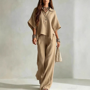 Ensemble deux pièces pour femmes, chemise à manches courtes et pantalon ample, couleur unie, costume décontracté, Smlxl2xl3xl4xl5xl, Europe et Amérique - Product Image 4
