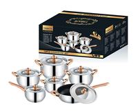 Juego de 12 piezas de lujo de utensilios de cocina de acero inoxidable con mango color oro rosa, que incluye olla, cacerola, sartén y tapas de vidrio, apto para inducción.