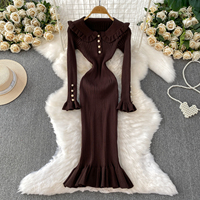 Robe sirène élégante en maille à manches longues pour femme, col à volants, boutons perlés, vêtements décontractés pour soirée, robes décontractées