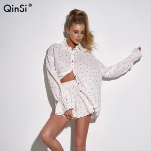 QINSI 2023 Autumn Petal Long Sleeve Pajama Sets Casual Slit Sexy Women Nightwear Cotton Print Sleepwear Women's Set