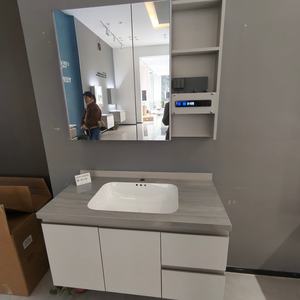 Meuble de salle de bain intelligent gris chaud avec rangement, double tiroir et double porte, lavabo blanc - Product Image 1