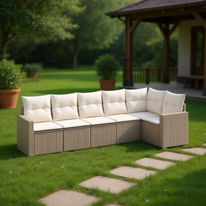 Conjunto de Sofás de Jardín para Exteriores, Ratán Sintético PE Beige, Cojines de Espuma de Alta Densidad, Diseño Contemporáneo, Muebles de Patio - Product Image 2