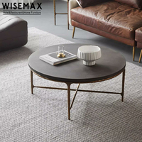 WISEMAX FURNITURE Table basse industrielle en ciment avec plateau rond, table d'appoint légère de luxe avec base en métal, ensemble de meubles pour le salon