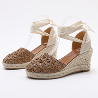 Sandales marron grande taille pour femme, à talons hauts, avec bride cheville, bout fermé, talon compensé épais en paille tressée, pour l'été