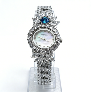 <span class=keywords><strong>Montre</strong></span> <span class=keywords><strong>de</strong></span> luxe haut <span class=keywords><strong>de</strong></span> gamme pour tous les jours, cadran nacré blanc, boîtier floral <span class=keywords><strong>lotus</strong></span>, accent pierre précieuse bleu profond, <span class=keywords><strong>bracelet</strong></span> en cristal - Product Image 1