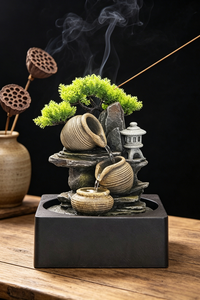 Fuente de Agua de Mesa de 3 Niveles con Diseño de Montaña y Rocas, con Bonsái Artificial de Pino y Luz LED, Maceta de Resina Estilo Vintage - Product Image 3