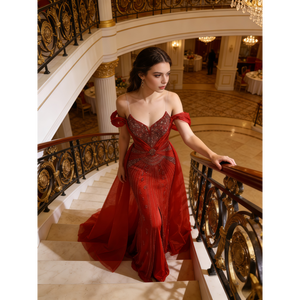 럭셔리 와인 레드 바디콘 플로어-길이 오프숄더 레이스 오간자 통기성 정전기 방지 이브닝 드레스 여성 파티 프로모션용 - Product Image 6