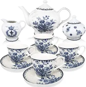 tea pot (48 oz.), gorgeous tea cups (8 oz.) and saucers, elegant sugar and creamer set