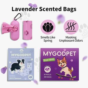 Sacs à déjections pour animaux de compagnie biodégradables parfumés à la lavande en rouleaux avec distributeur portable, résistants aux fuites et aux déchirures, couleur violette pour chien - Product Image 4