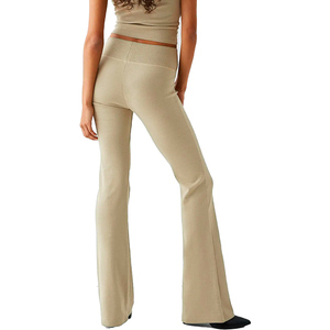 Pantalon évasé taille haute pour femmes élégant multicolore doux coton toile été en vrac en gros plat avant Flare taille élastique - Product Image 4