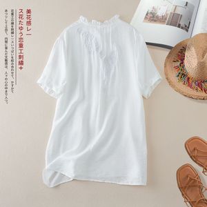 Women's Cotton Linen Mid-Length <b>Top</b> Short Sleeve Loose Fit Ruffled Collar Button Design Breathable Summer Wear - Product Image 3