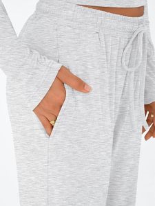 סט בגדי נשים קז'ואל בצבע אחיד, 2 חלקים, חולצה עם שרוולים ארוכים ומכנסיים רחבים עם שרוך, גזרה רחבה, בד ריון ספנדקס, מידה XL - Product Image 5