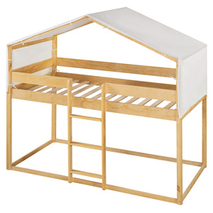Cama litera estilo cabaña de madera para niños con escalera y tienda de campaña, color caqui, muebles de dormitorio - Product Image 3