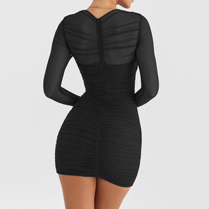 Robe courte moulante en maille à manches longues pour femme, style européen et américain, col en V, superposition transparente, idéale pour les soirées. - Product Image 4
