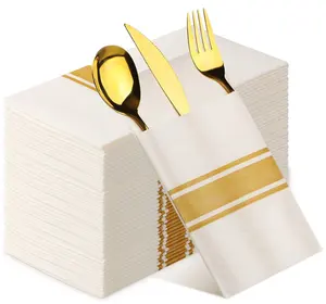 Serbet Saku Kertas Emas Putih Serbet Sekali Pakai Saku Sendok Garpu Sudah Dilipat Kain Serbet Makan Malam untuk Pesta Pernikahan