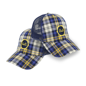 Casquette de camionneur à carreaux écossais bleu et jaune, ajustable avec dos en maille et fermeture snapback, avec logo brodé personnalisé pour un usage décontracté - Product Image 1