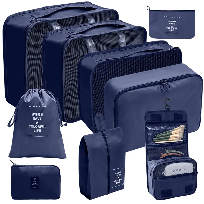 Toptan özelleştirilmiş bagaj ambalaj organizatörler seyahat çantası bavul organizatör ile ayakkabı çantası 9 takım ambalaj küpleri