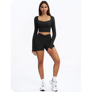 Womens Workout Set <b>Long</b> Sleeve Crop Top <b>Matching</b> High Waist Biker Shorts Quick Dry Yoga Gym Clothes - Product Image 4