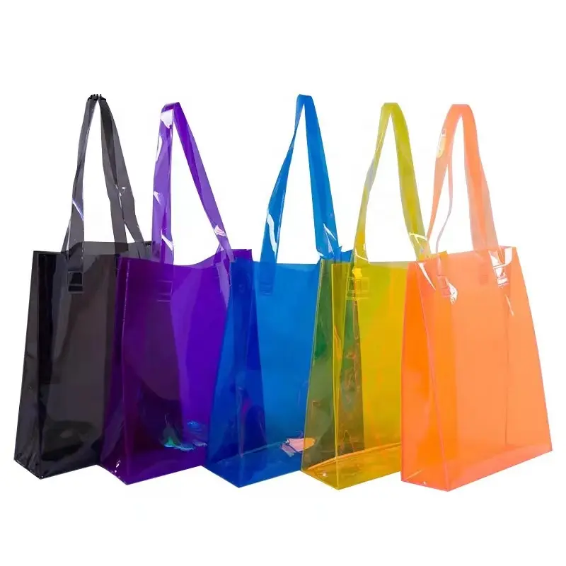 कस्टम लोगो प्यारा पारदर्शी वाटरप्रूफ नियॉन कैंडी रंग समुद्र तट लेजर होलोग्राफिक स्पष्ट पीवीसी उपहार शॉपिंग टोट बैग