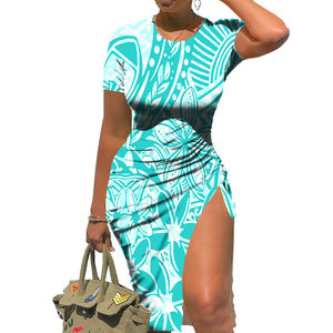 <span class=keywords><strong>Robe</strong></span> midi moulante <span class=keywords><strong>noire</strong></span> et blanche à imprimé tribal polynésien pour femme, manches courtes, fente latérale, froncée, vente en gros - Product Image 6