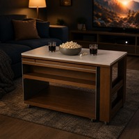 Mesa de Centro Elevatória em Madeira Maciça de Buxo com Superfície Efeito Pedra, Altura Ajustável, Estrutura Preta, para Sala de Estar, Atacado