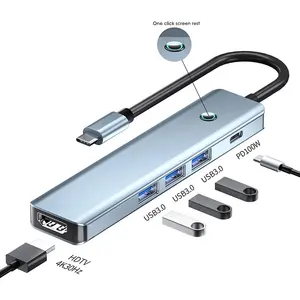 Estação de acoplamento USB C 5 em 1 com portas HDMI 4K @ 30Hz OTG 3 USB-A 3.0 e adaptador de hub USB para laptop compatível com PC 100W para MacBook