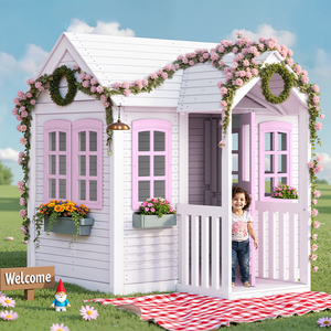 Moderno Set di Altalene da Esterno Casetta Giochi da Giardino Impermeabile in Legno per Bambini con Fioriere - Product Image 1