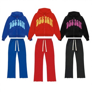 Survêtements d'hiver à double fermeture éclair pour hommes, taille plus, logo personnalisé, ensemble 2 pièces, pantalon de survêtement évasé 100% coton - Product Image 3