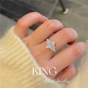Bague en argent sterling S925 plaqué or avec fleur et diamant, bijoux fins pour femmes, bague de mariage - Product Image 3